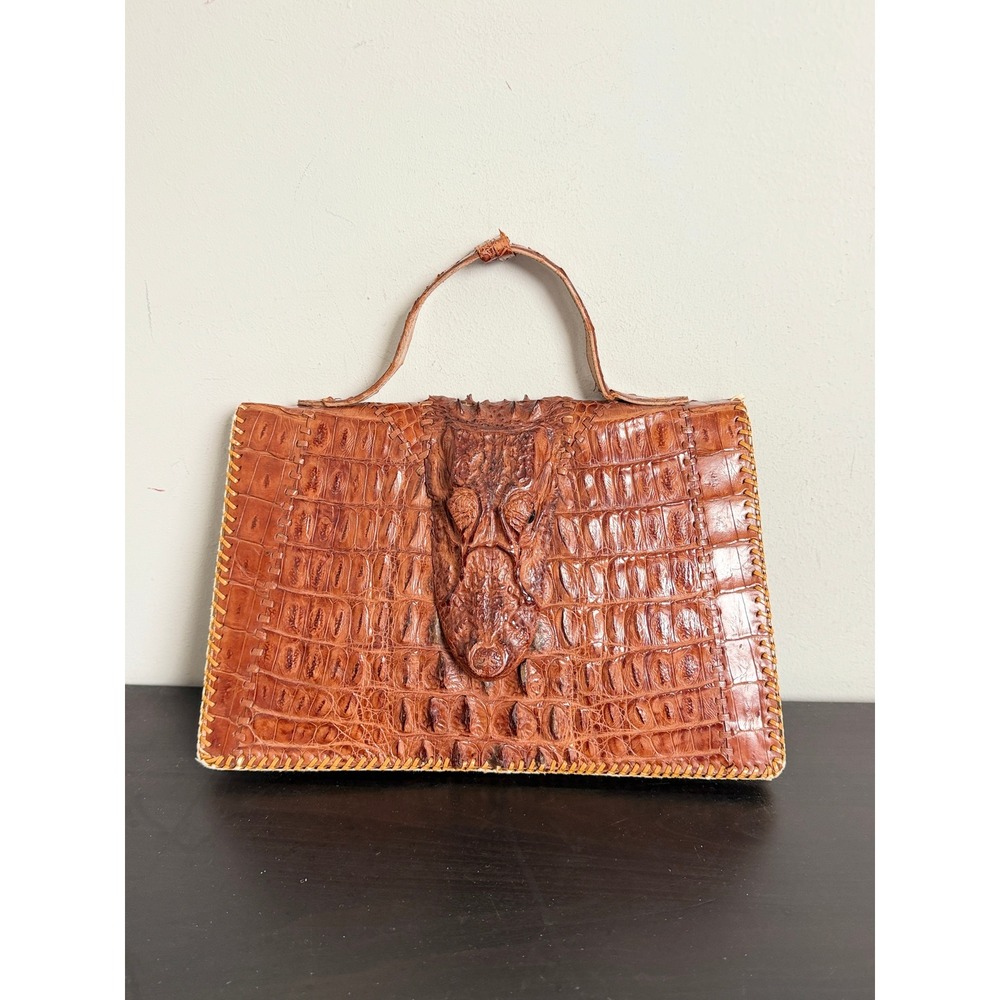 Vintage Genuine Alligator Head Taxidermy Handbag Cognac Leather Bag RARE